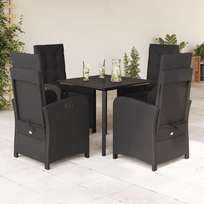 5 Piece Garden Dining Set with Cushions Black Poly Rattan