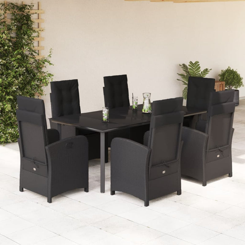 7 Piece Garden Dining Set with Cushions Black Poly Rattan