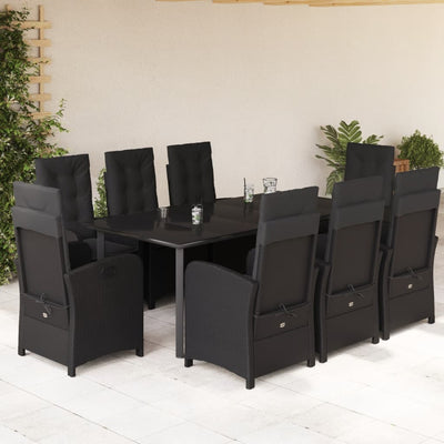 9 Piece Garden Dining Set with Cushions Black Poly Rattan