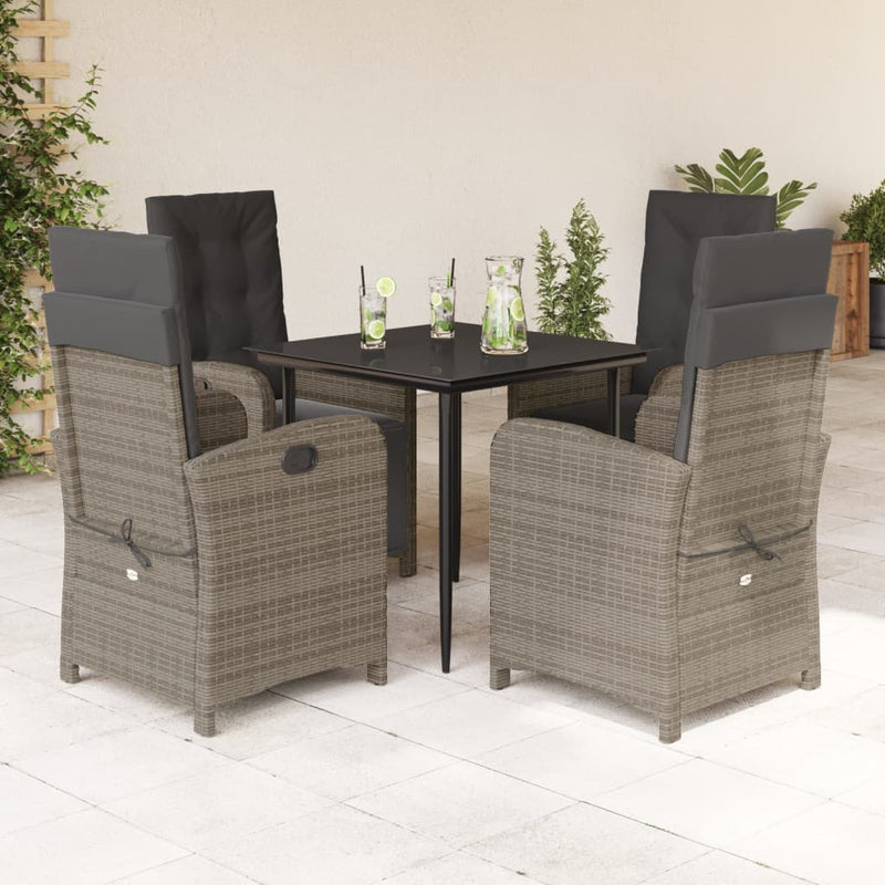 5 Piece Garden Dining Set with Cushions Grey Poly Rattan