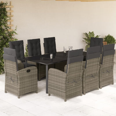 9 Piece Garden Dining Set with Cushions Grey Poly Rattan