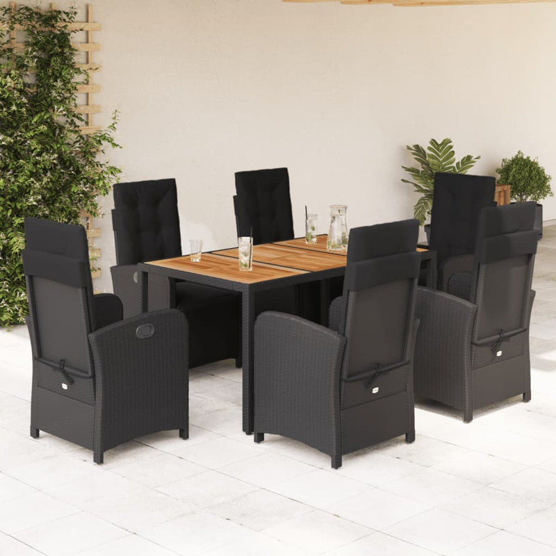 7 Piece Garden Dining Set with Cushions Black Poly Rattan