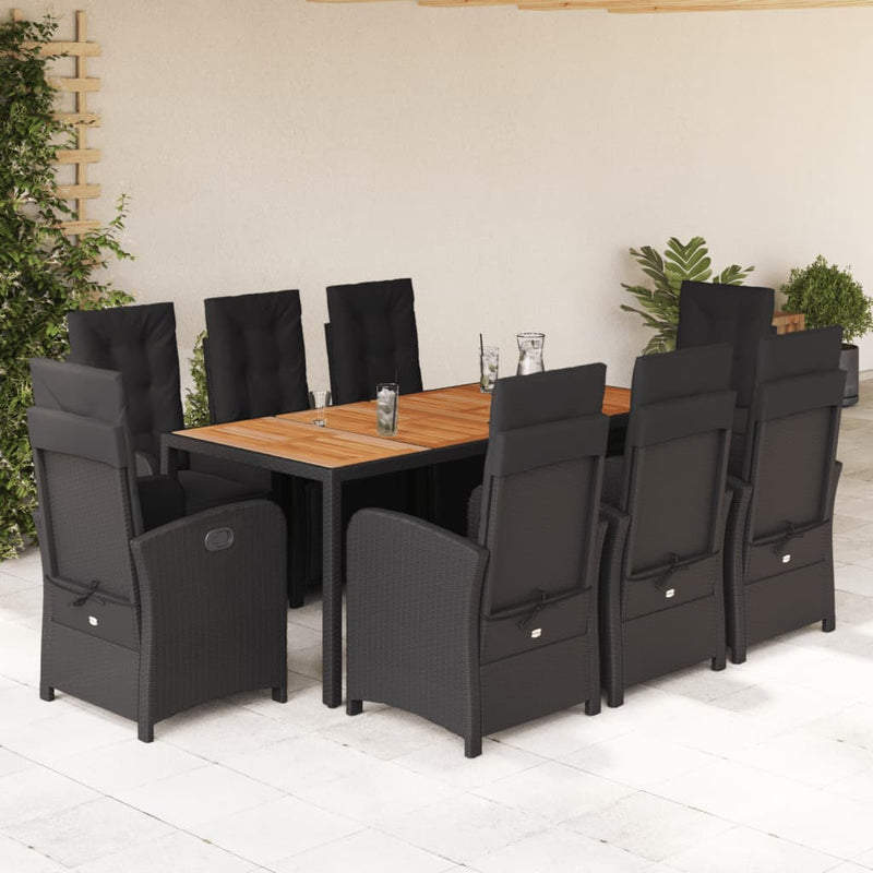 9 Piece Garden Dining Set with Cushions Black Poly Rattan