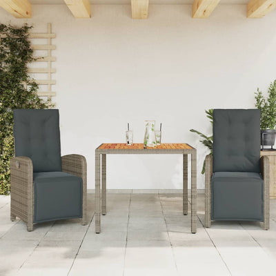 3 Piece Bistro Set with Cushions Grey Poly Rattan