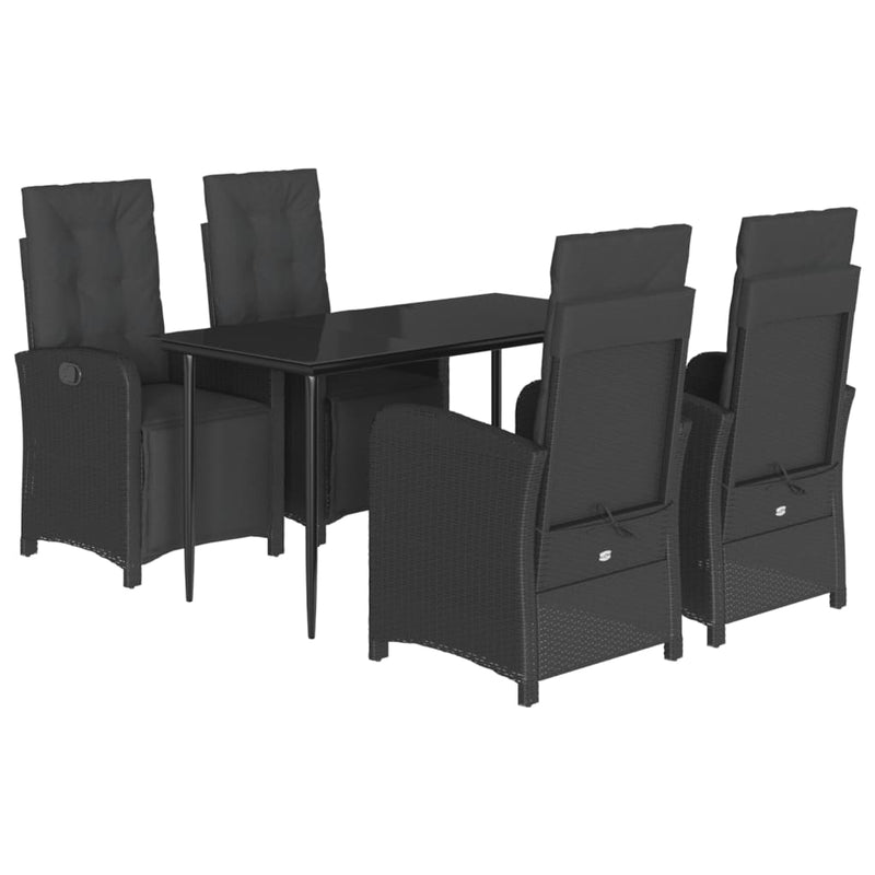 5 Piece Garden Dining Set with Cushions Black Poly Rattan