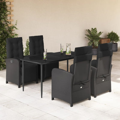 5 Piece Garden Dining Set with Cushions Black Poly Rattan