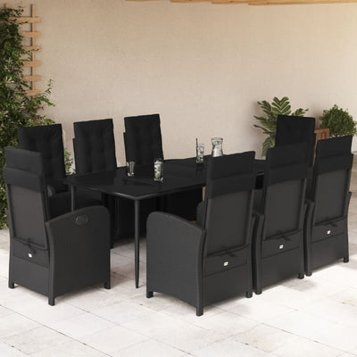 9 Piece Garden Dining Set with Cushions Black Poly Rattan