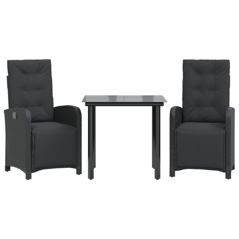 3 Piece Bistro Set with Cushions Black Poly Rattan