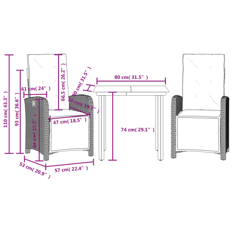 3 Piece Bistro Set with Cushions Black Poly Rattan