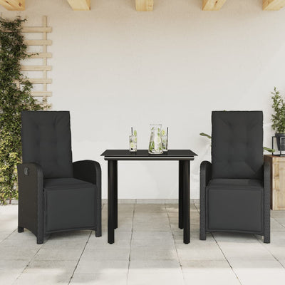 3 Piece Bistro Set with Cushions Black Poly Rattan