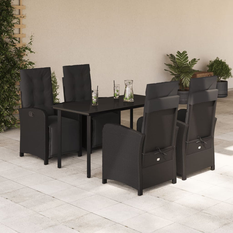 5 Piece Garden Dining Set with Cushions Black Poly Rattan