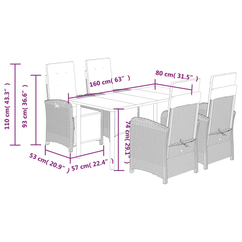 5 Piece Garden Dining Set with Cushions Grey Poly Rattan