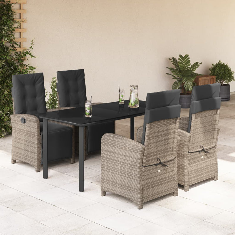 5 Piece Garden Dining Set with Cushions Grey Poly Rattan