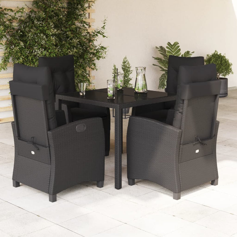 5 Piece Garden Dining Set with Cushions Black Poly Rattan