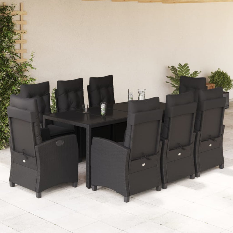 9 Piece Garden Dining Set with Cushions Black Poly Rattan