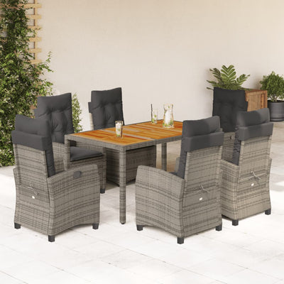 7 Piece Garden Dining Set with Cushions Grey Poly Rattan