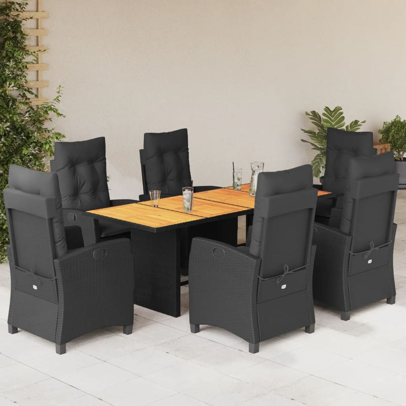 7 Piece Garden Dining Set with Cushions Black Poly Rattan