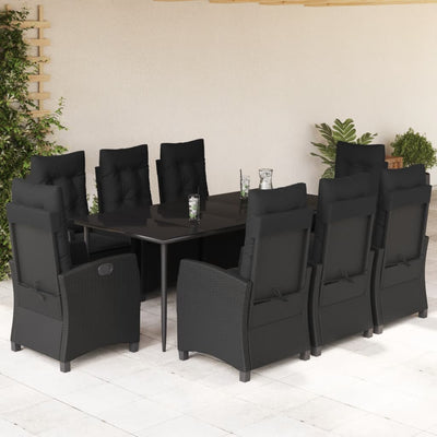 9 Piece Garden Dining Set with Cushions Black Poly Rattan