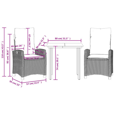 3 Piece Garden Dining Set with Cushions Black Poly Rattan