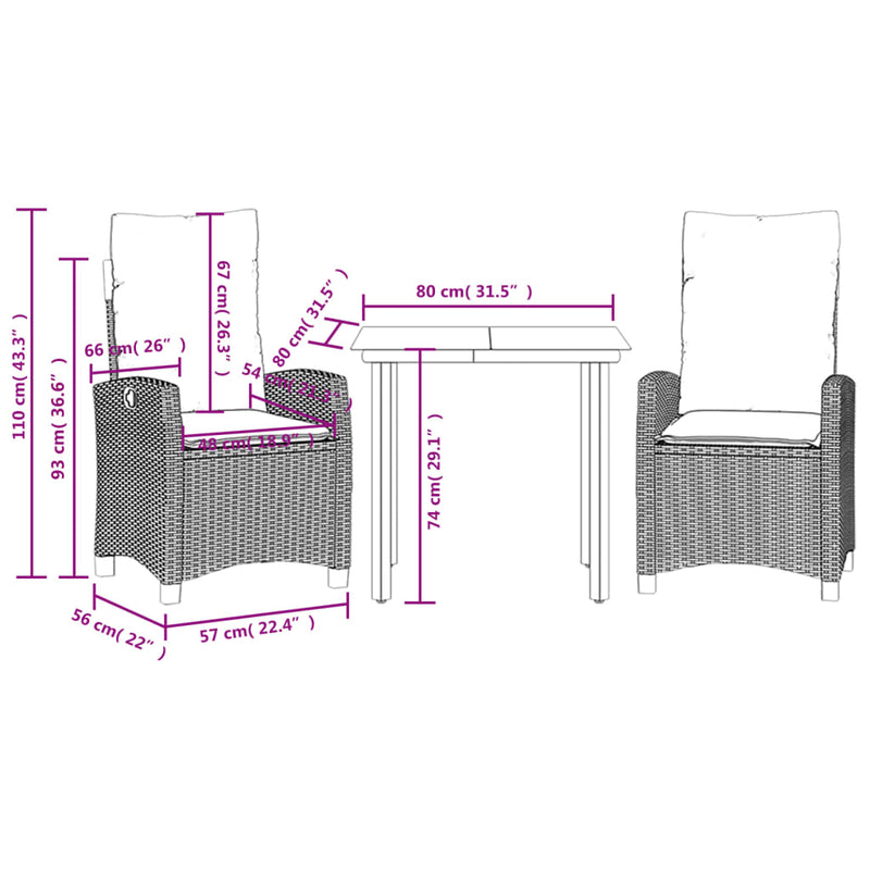 3 Piece Garden Dining Set with Cushions Black Poly Rattan