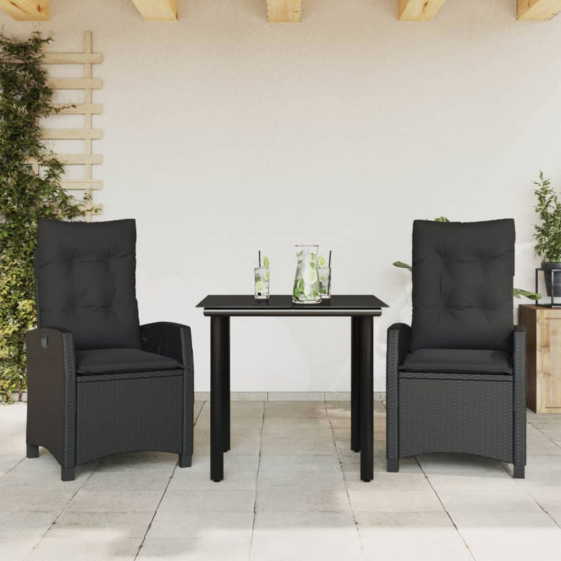 3 Piece Garden Dining Set with Cushions Black Poly Rattan