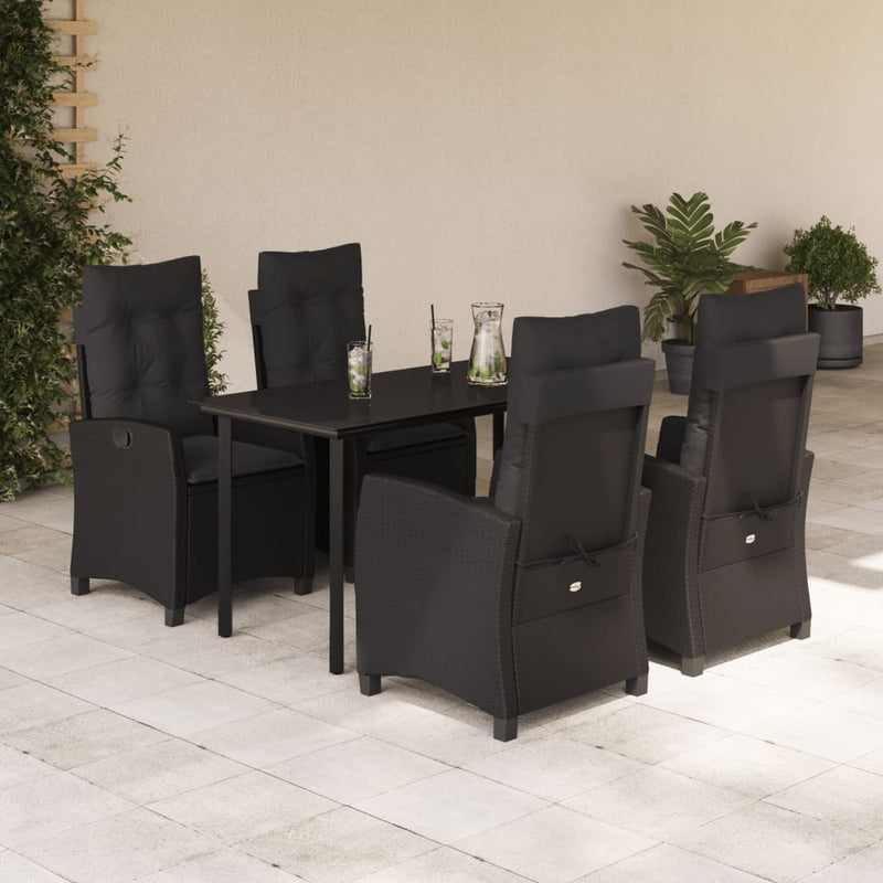 5 Piece Garden Dining Set with Cushions Black Poly Rattan