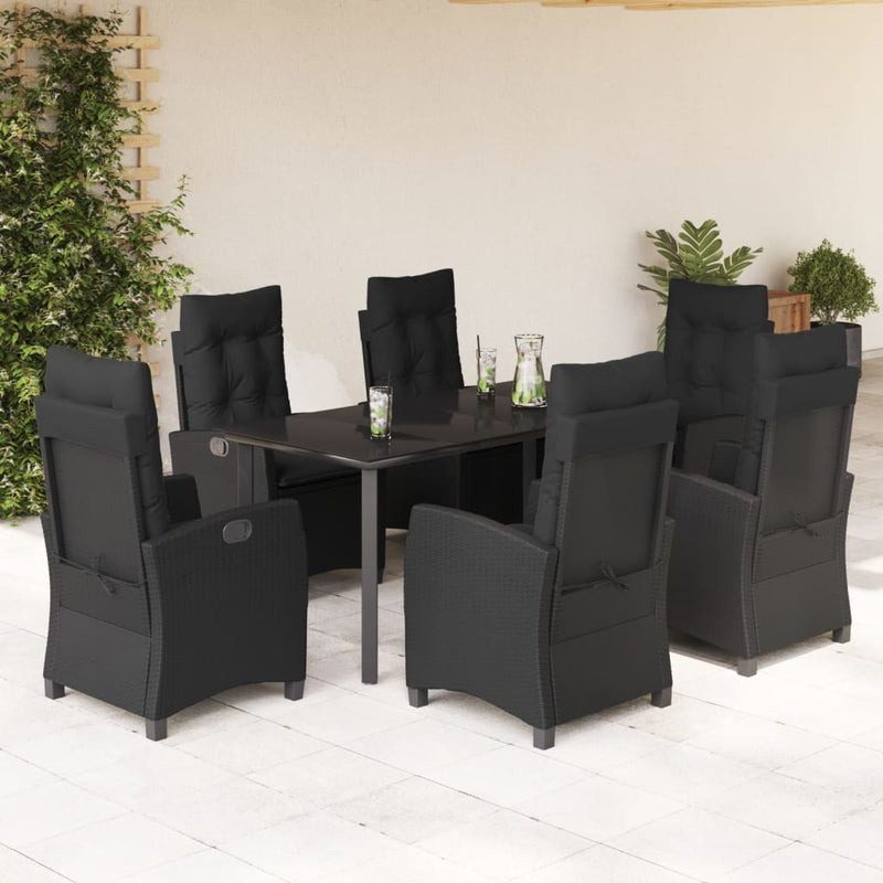 7 Piece Garden Dining Set with Cushions Black Poly Rattan