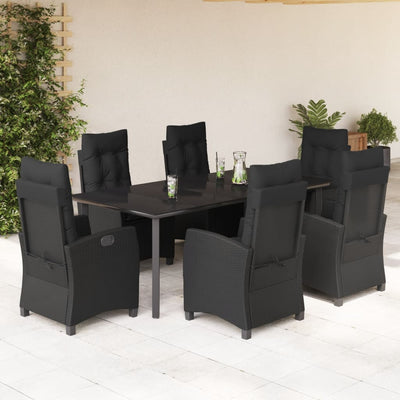 7 Piece Garden Dining Set with Cushions Black Poly Rattan