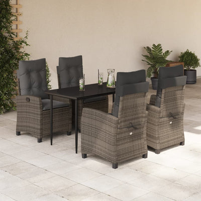 5 Piece Garden Dining Set with Cushions Grey Poly Rattan