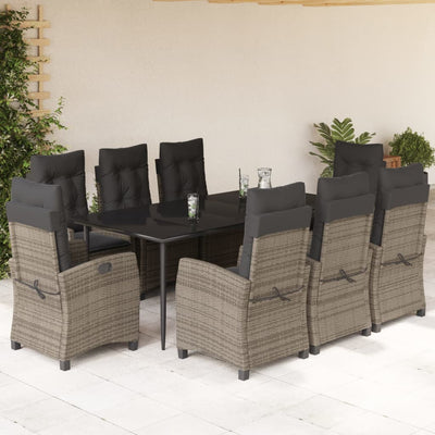 9 Piece Garden Dining Set with Cushions Grey Poly Rattan