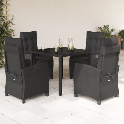 5 Piece Garden Dining Set with Cushions Black Poly Rattan