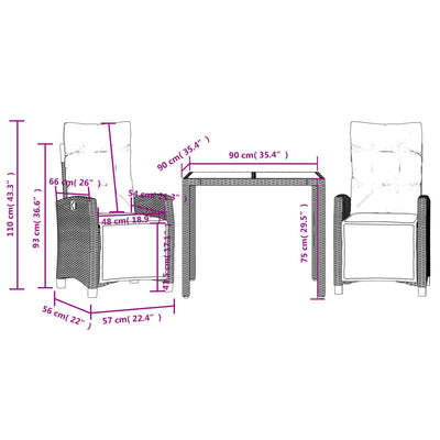 3 Piece Garden Dining Set with Cushions Grey Poly Rattan