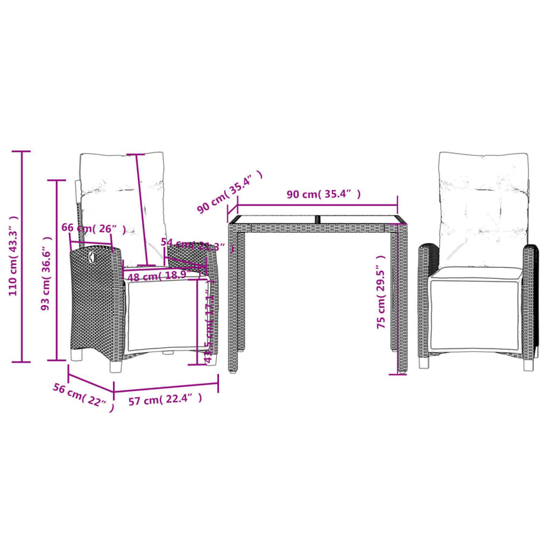 3 Piece Garden Dining Set with Cushions Grey Poly Rattan