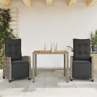 3 Piece Garden Dining Set with Cushions Grey Poly Rattan