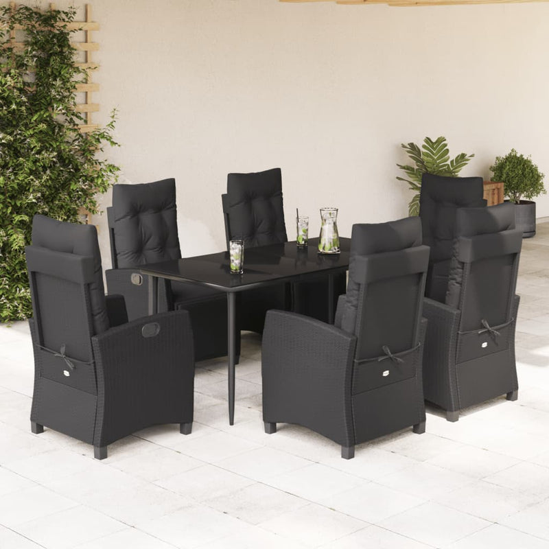 7 Piece Garden Dining Set with Cushions Black Poly Rattan