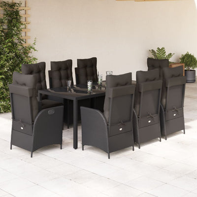 9 Piece Garden Dining Set with Cushions Black Poly Rattan