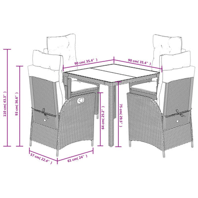 5 Piece Garden Dining Set with Cushions Grey Poly Rattan