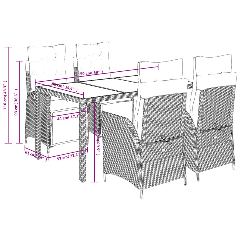 5 Piece Garden Dining Set with Cushions Grey Poly Rattan