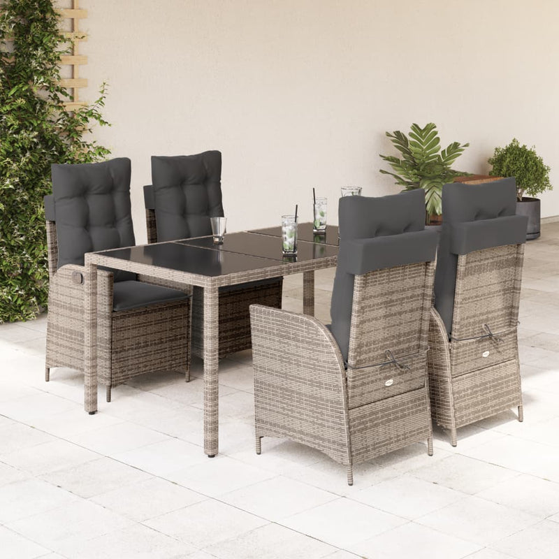 5 Piece Garden Dining Set with Cushions Grey Poly Rattan