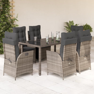 7 Piece Garden Dining Set with Cushions Grey Poly Rattan