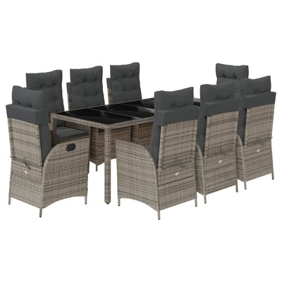 9 Piece Garden Dining Set with Cushions Grey Poly Rattan