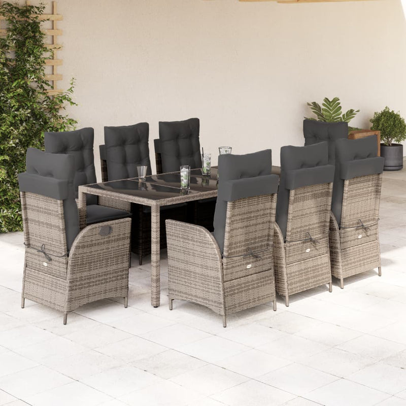 9 Piece Garden Dining Set with Cushions Grey Poly Rattan