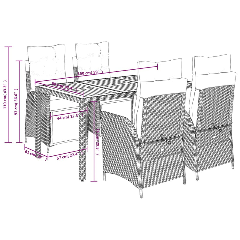 5 Piece Garden Dining Set with Cushions Black Poly Rattan