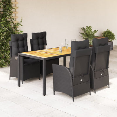 5 Piece Garden Dining Set with Cushions Black Poly Rattan