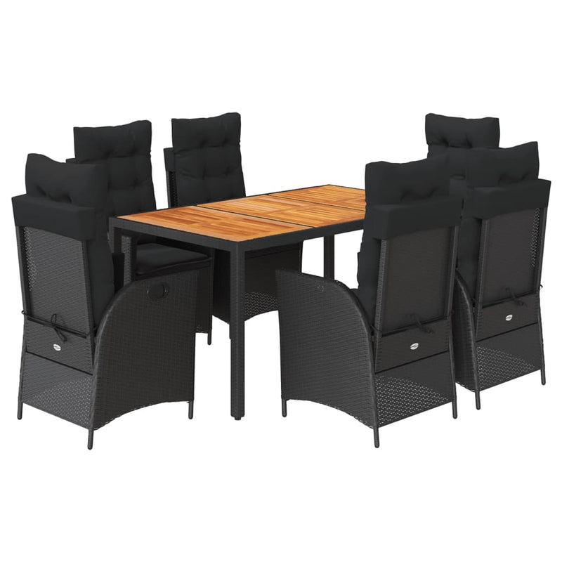 7 Piece Garden Dining Set with Cushions Black Poly Rattan