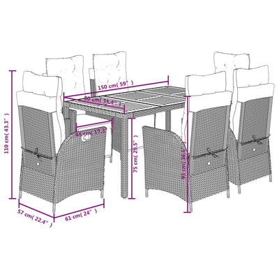 7 Piece Garden Dining Set with Cushions Black Poly Rattan