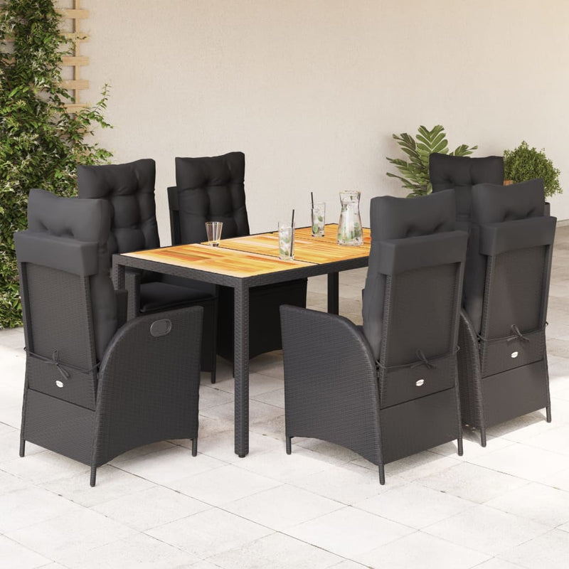 7 Piece Garden Dining Set with Cushions Black Poly Rattan