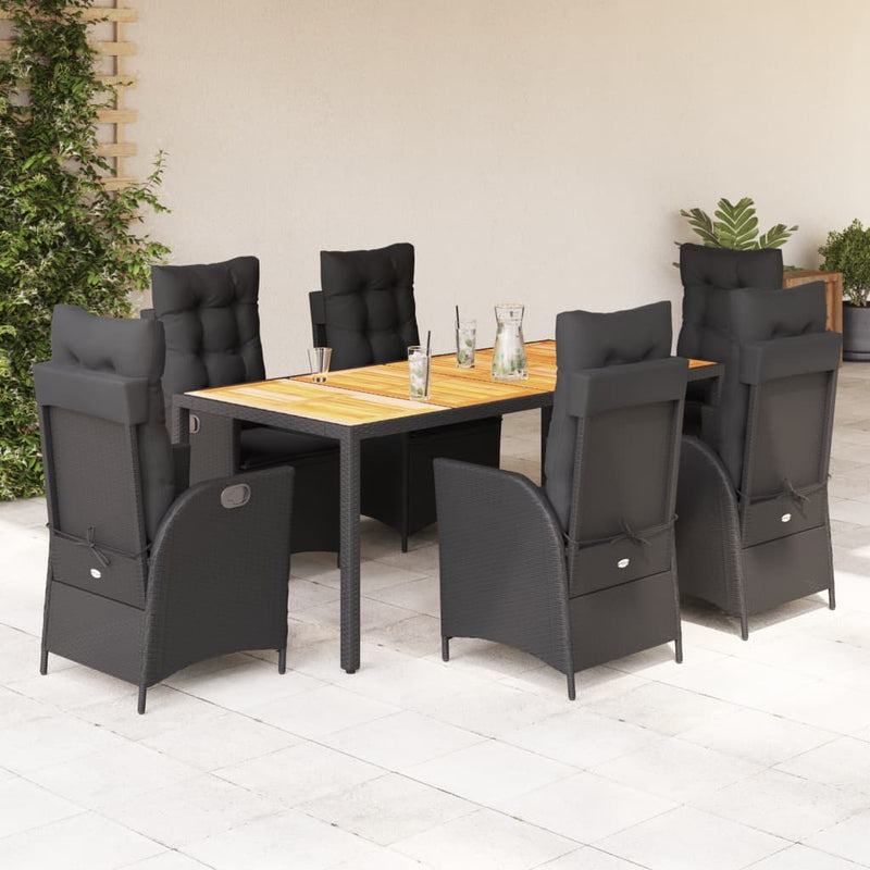 7 Piece Garden Dining Set with Cushions Black Poly Rattan