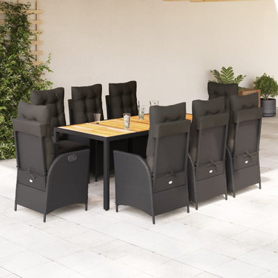 9 Piece Garden Dining Set with Cushions Black Poly Rattan