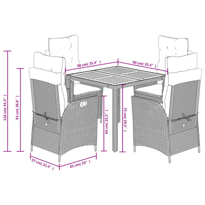 5 Piece Garden Dining Set with Cushions Grey Poly Rattan